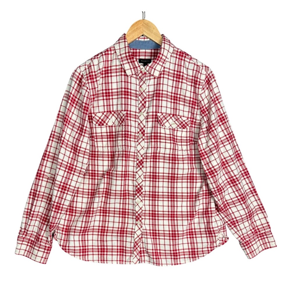 Talbots Plaid Button Down Women 14 Red White Metallic Roll Tab Sleeve Shirt - Picture 2 of 8